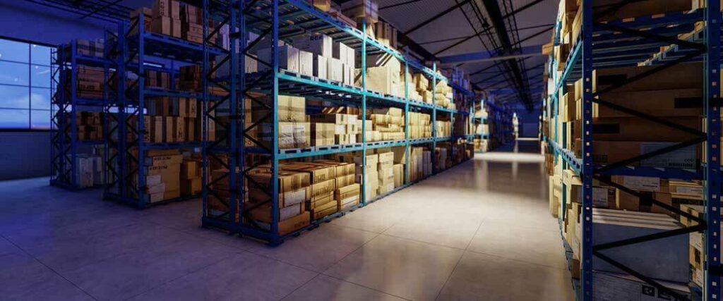 An interior view of a warehouse with boxes stacked on shelves.