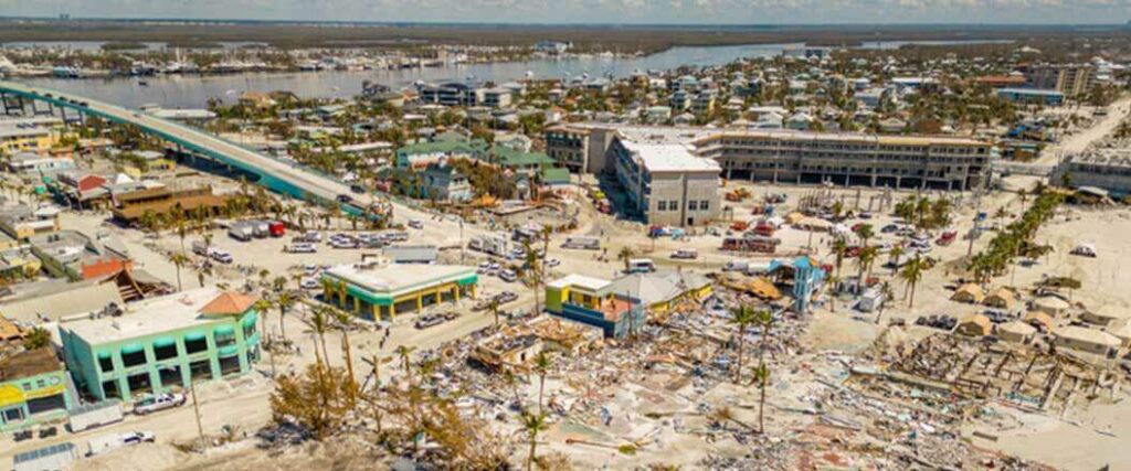 A city in ruins following landfall of a powerful hurricane