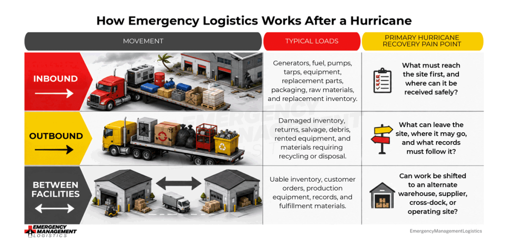 Infographic with the following text:
How Emergency Logistics Works After a Hurricane
Movement
Typical Loads
Primary Hurricane Recovery Pain Point
Inbound
Generators, fuel, pumps, tarps, equipment, replacement parts, packaging, raw materials, and replacement inventory.
What must reach the site first, and where can it be received safely?
Outbound
Damaged inventory, returns, salvage, debris, rented equipment, and materials requiring recycling or disposal.
What can leave the site, where may it go, and what records must follow it?
Between Facilities
Usable inventory, customer orders, production equipment, records, and fulfillment materials.
Can work be shifted to an alternate warehouse, supplier, cross-dock, or operating site?

