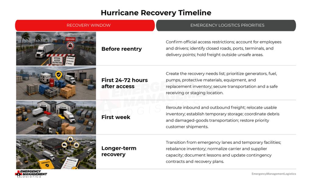 Infographic showing a hurricane recovery timeline with the following text:
Recovery Window
Emergency Logistics Priorities
Before reentry
Confirm official access restrictions; account for employees and drivers; identify closed roads, ports, terminals, and delivery points; hold freight outside unsafe areas.
First 24-72 hours after access
Create the recovery needs list; prioritize generators, fuel, pumps, protective materials, equipment, and replacement inventory; secure transportation and a safe receiving or staging location.
First week
Reroute inbound and outbound freight; relocate usable inventory; establish temporary storage; coordinate debris and damaged-goods transportation; restore priority customer shipments.
Longer-term recovery
Transition from emergency lanes and temporary facilities; rebalance inventory; normalize carrier and supplier capacity; document lessons and update contingency contracts and recovery plans.

