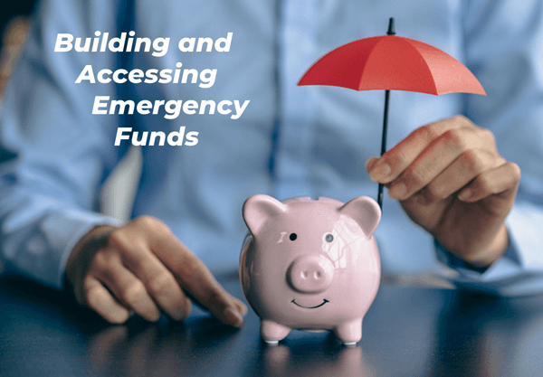 Business person in light blue button down, collared shirt at a black desk with a small pink ceramic piggy bank facing us, holding a tiny red umbrella over it conveying how important it is to build and access emergency funds