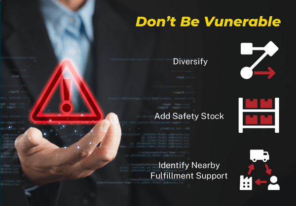 Infographic combined with photo of a business man in a black suite with a light blue collared shirt on holding his hand out with a red neon emergncy symbol hovering over his hand. The graphic's title in bold  yellow text is Don't Be Vulnerable and showcases three relevant icons about the three ways not to be vulnerable by diversifying suppliers, vendors, carriers, etc., adding safety stock, and indentifying nearby fulfillment supoprt.