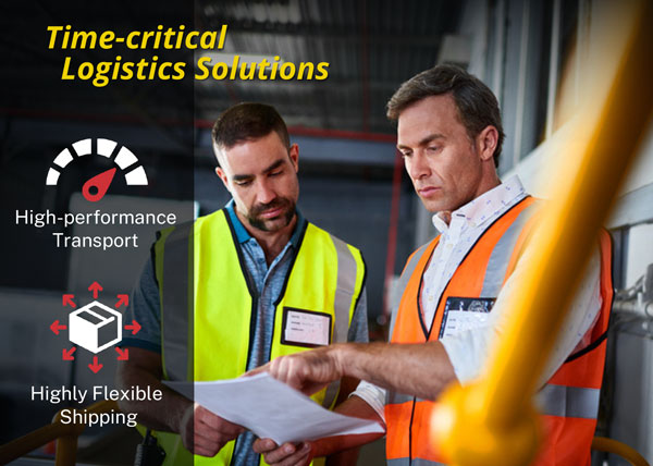 2 men in safety vests on time-critical logistics solutions: high-performance transport and highly flexible shipping