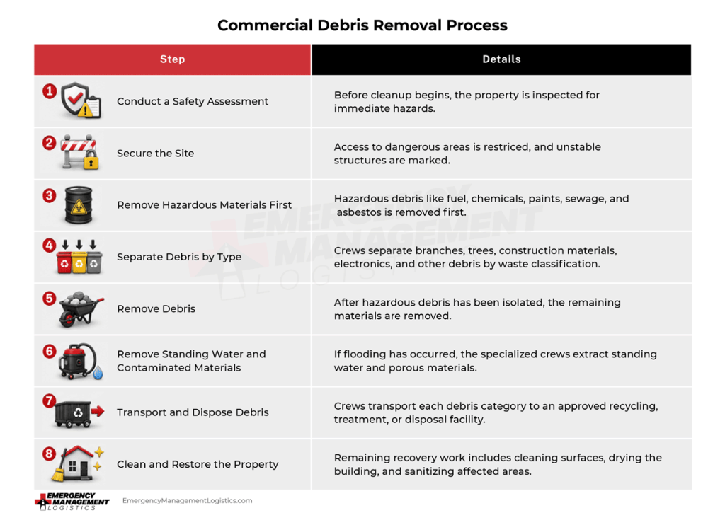 The graphic shows the 8 steps of the commercial debris removal process.