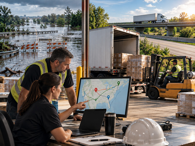 Image showing warehouse workers replacing critical inventory after a warehouse flood.