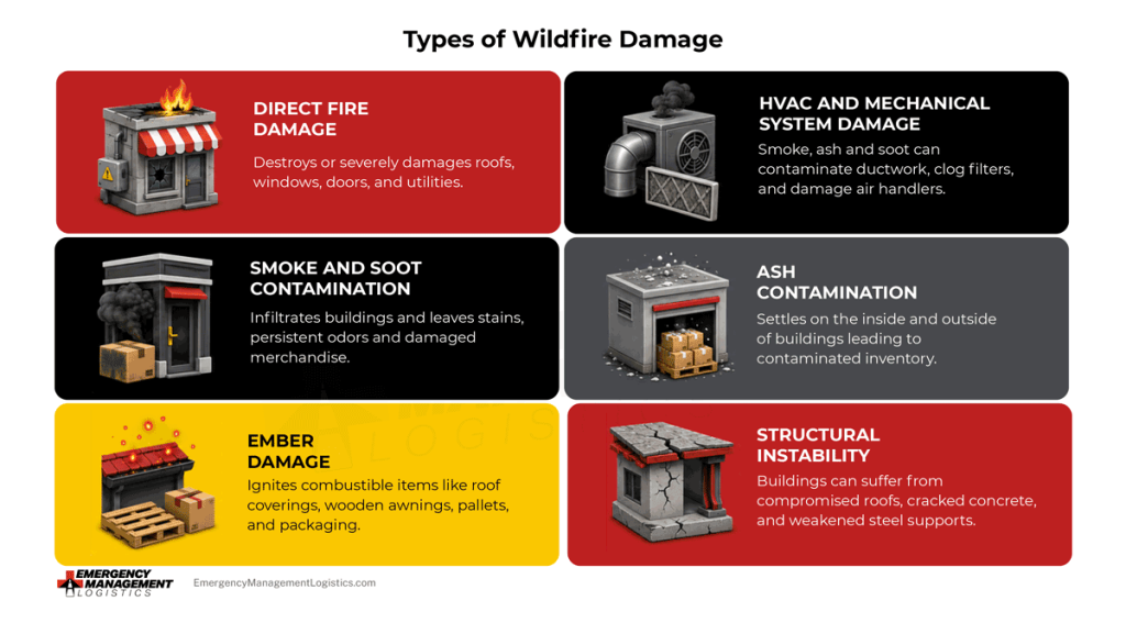 The graphic shows the different types of wildfire damage. This includes direct fire damage, smoke and soot contamination, ember damage, HVAC and mechanical system damage, ash contamination, and structural instability.
