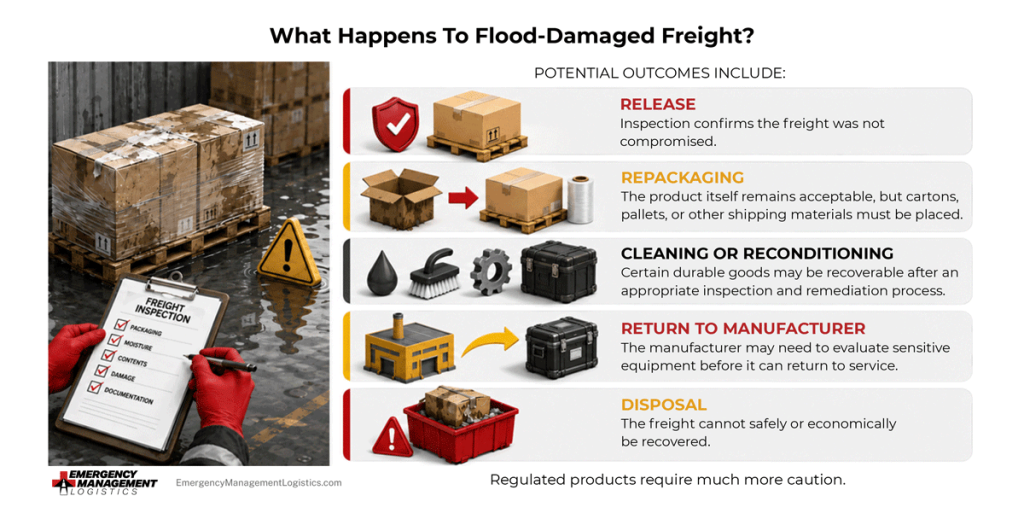 Infographic illustration showing potential outcomes for flood-damaged freight, including:
Release: Inspection confirms the freight was not compromised.
Repackaging: The product itself remains acceptable, but cartons, pallets, or other shipping materials must be replaced.

Cleaning or Reconditioning: Certain durable goods may be recoverable after an appropriate inspection and remediation process.

Return to Manufacturer: The manufacturer may need to evaluate sensitive equipment before it can return to service.

Disposal: The freight cannot safely or economically be recovered.

Regulated products require much more caution.